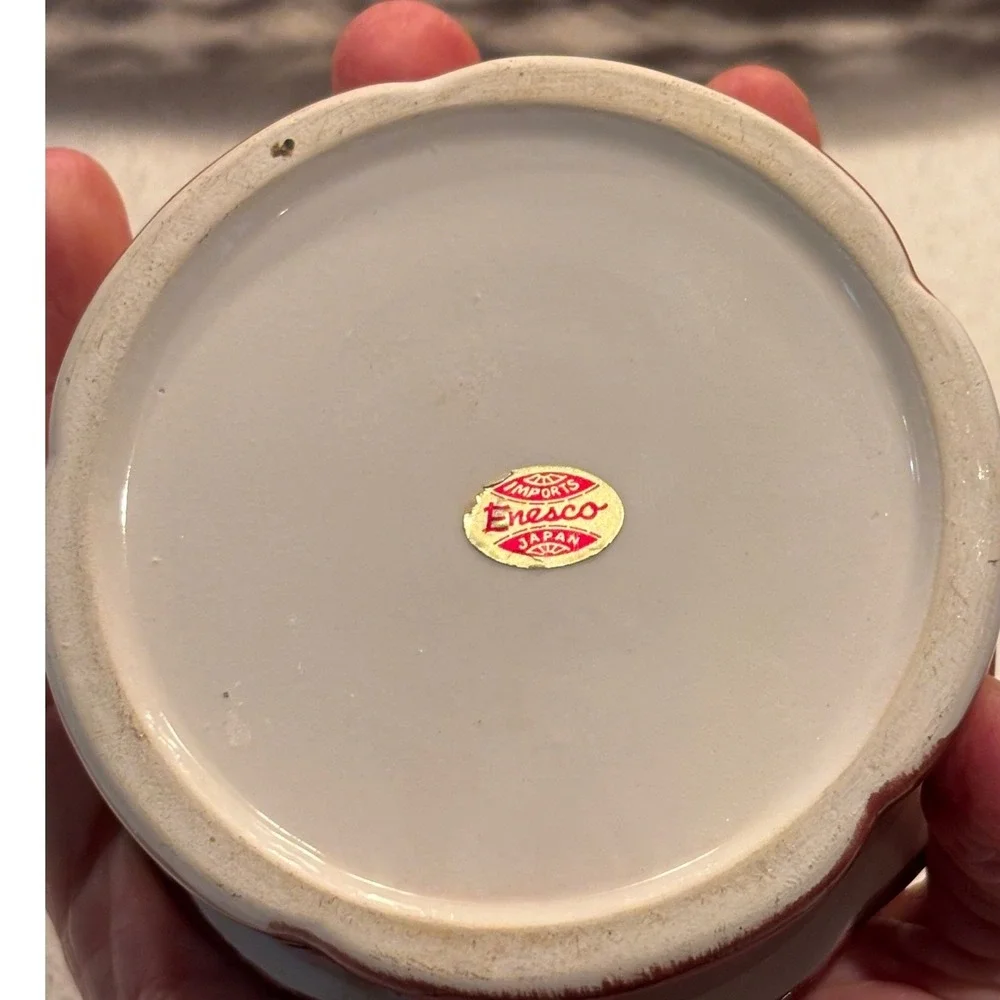 Vintage Enesco Japan Ceramic Trinket Box Hand Painted Floral Scalloped Jar Fall